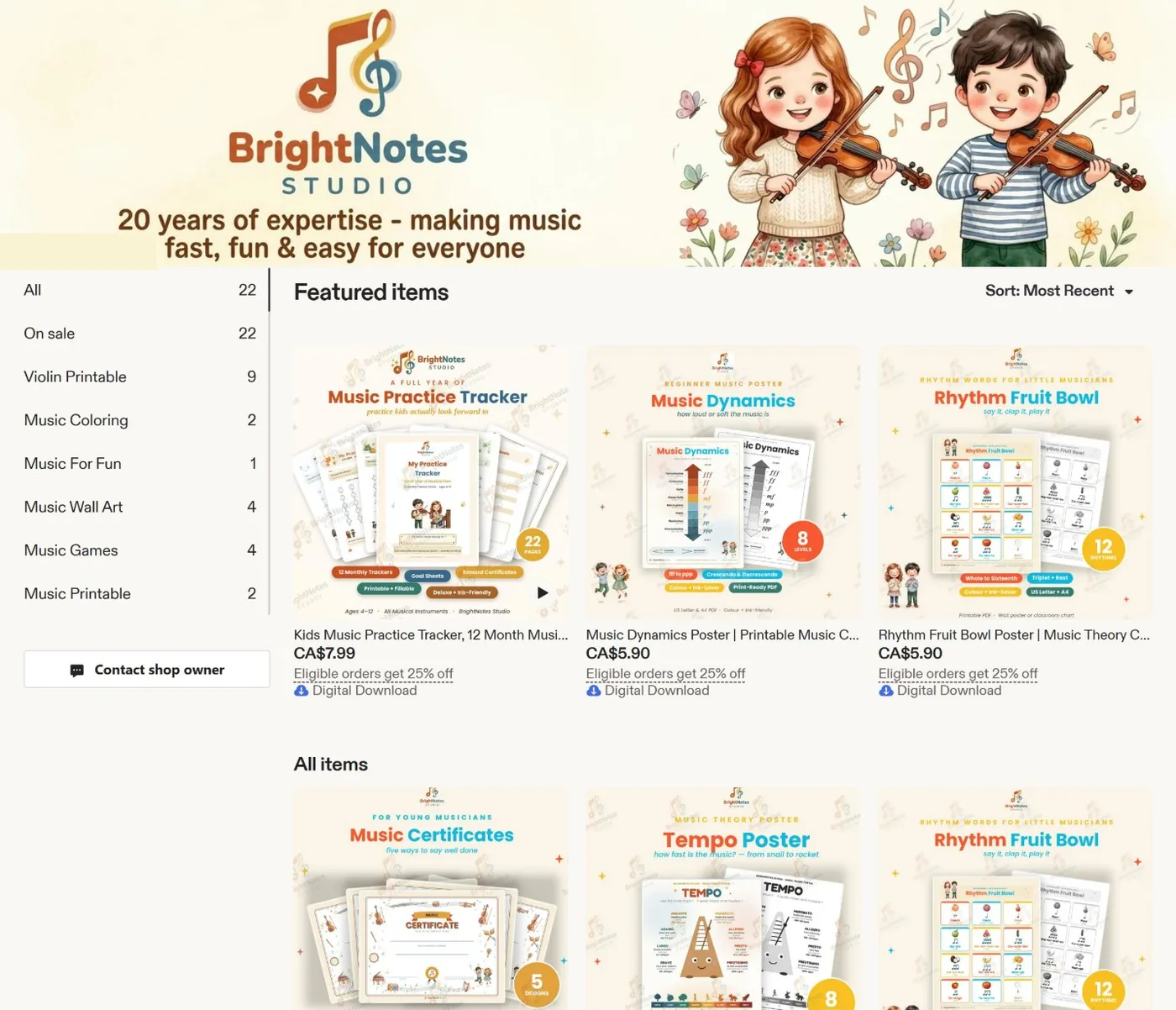Screenshot of the BrightNotes Studio storefront
